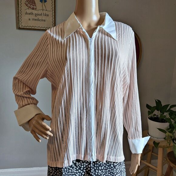 Vintage Y2K Liz Claiborne Blouse Zip Front Pink Striped Mesh Plus Size 1X Petite - Picture 4 of 11